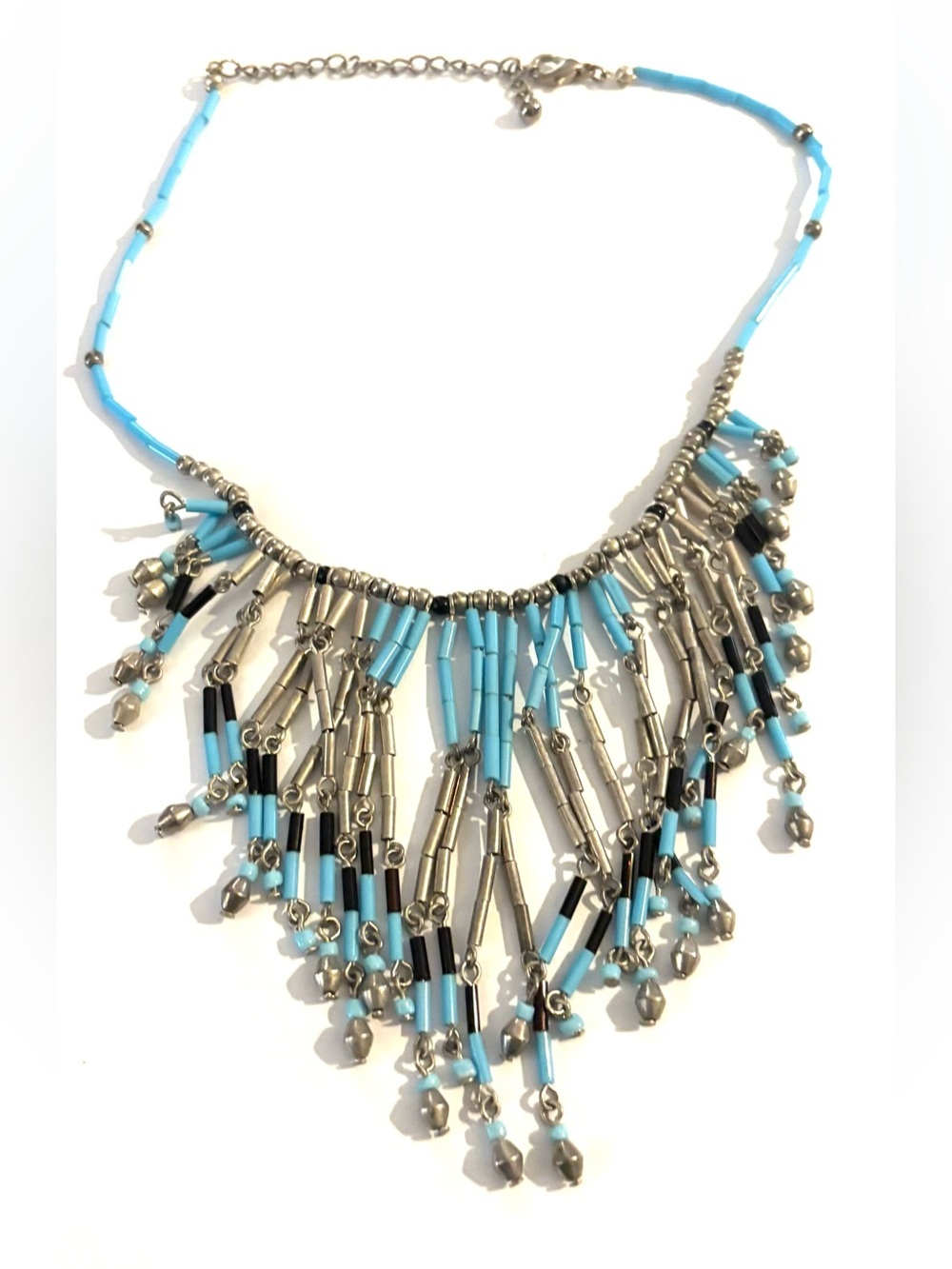 Fashion Jewelry Turquoise and Silver Beaded Fringe Necklace